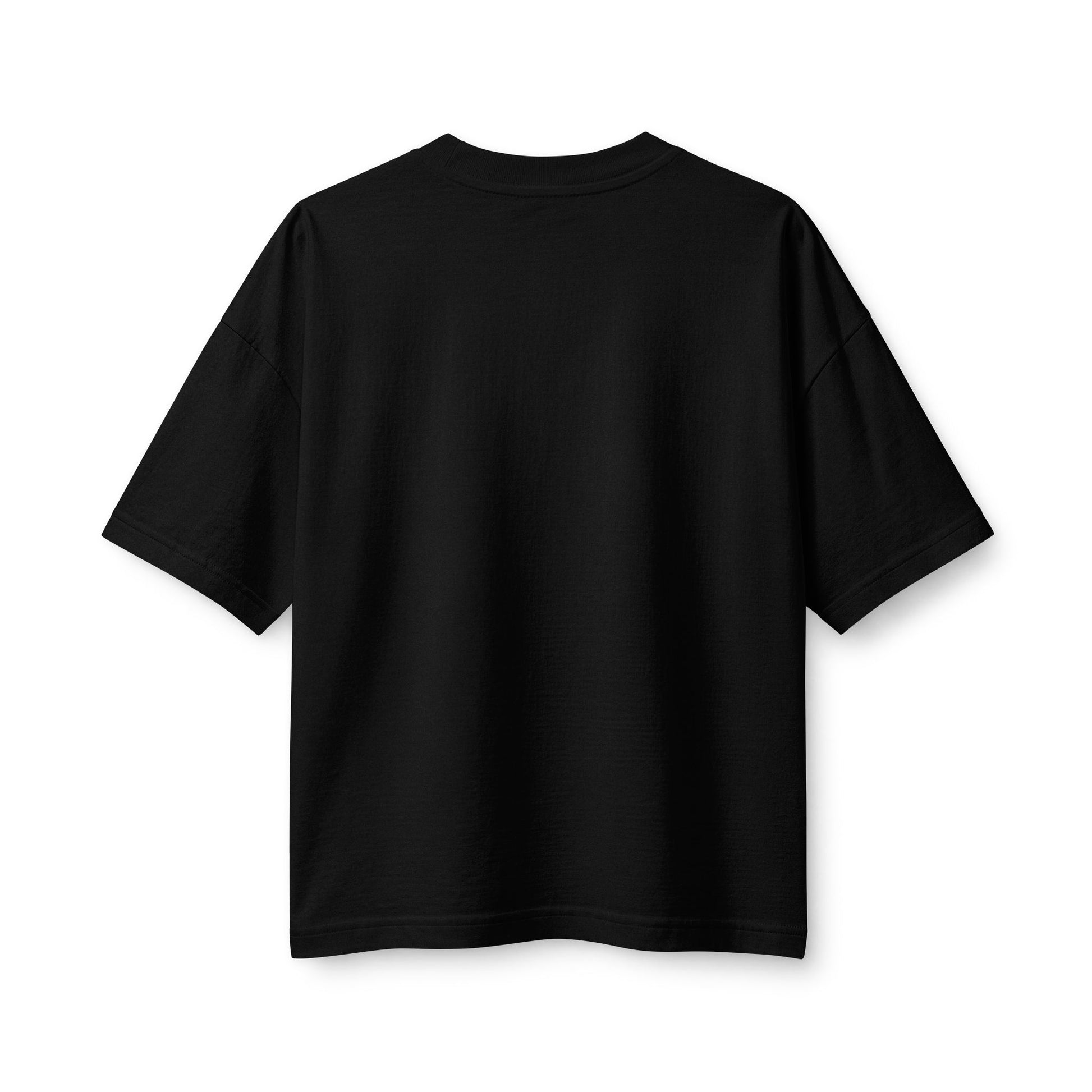 Back flat lay studio shot of the RAVEDRIP Core Matrix Boxy Tee in black, highlighting the premium side-seamed construction, mid-length silhouette, and structured clean drape.