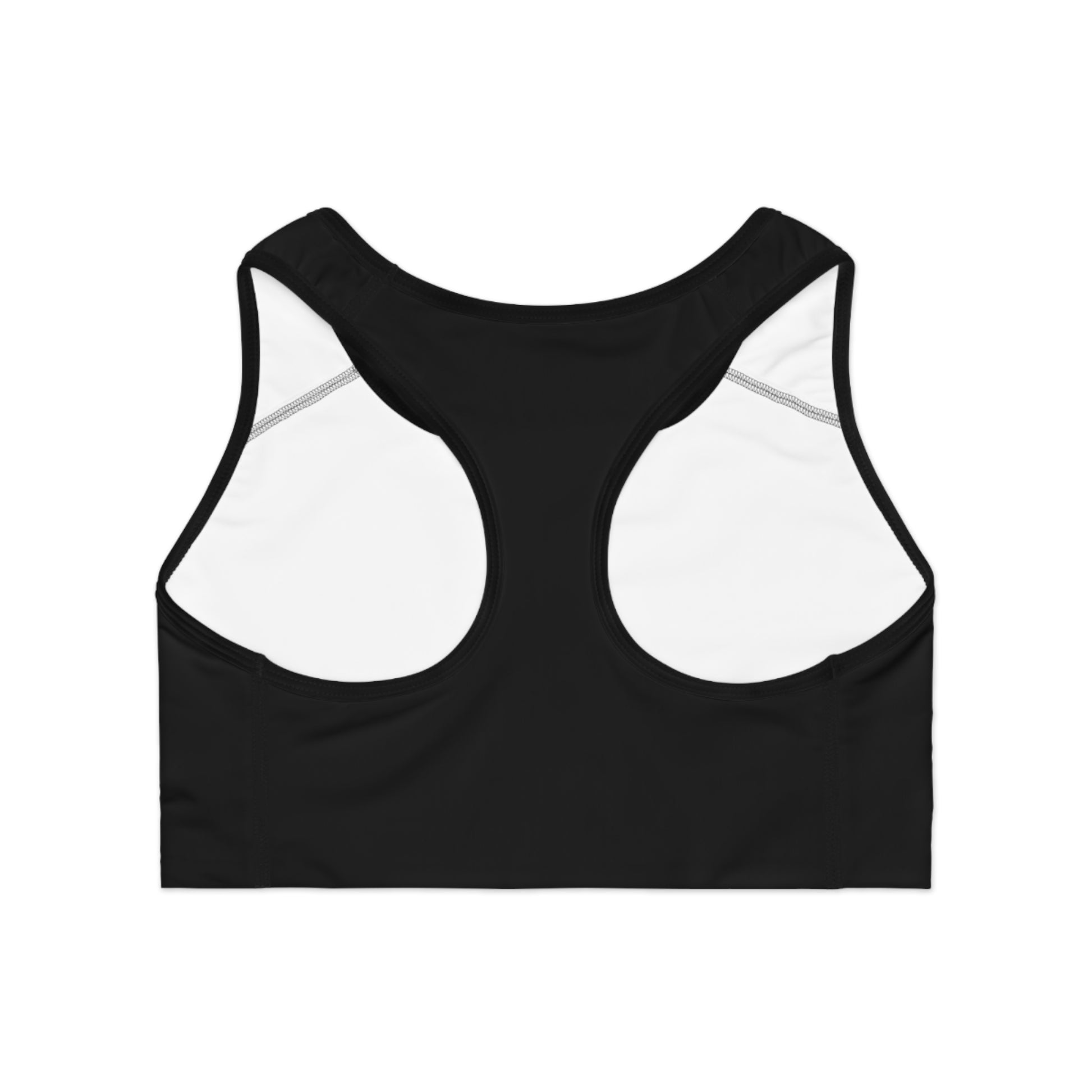 Back of Sugar Baby sports bra showing racerback straps and wide elastic band for comfort