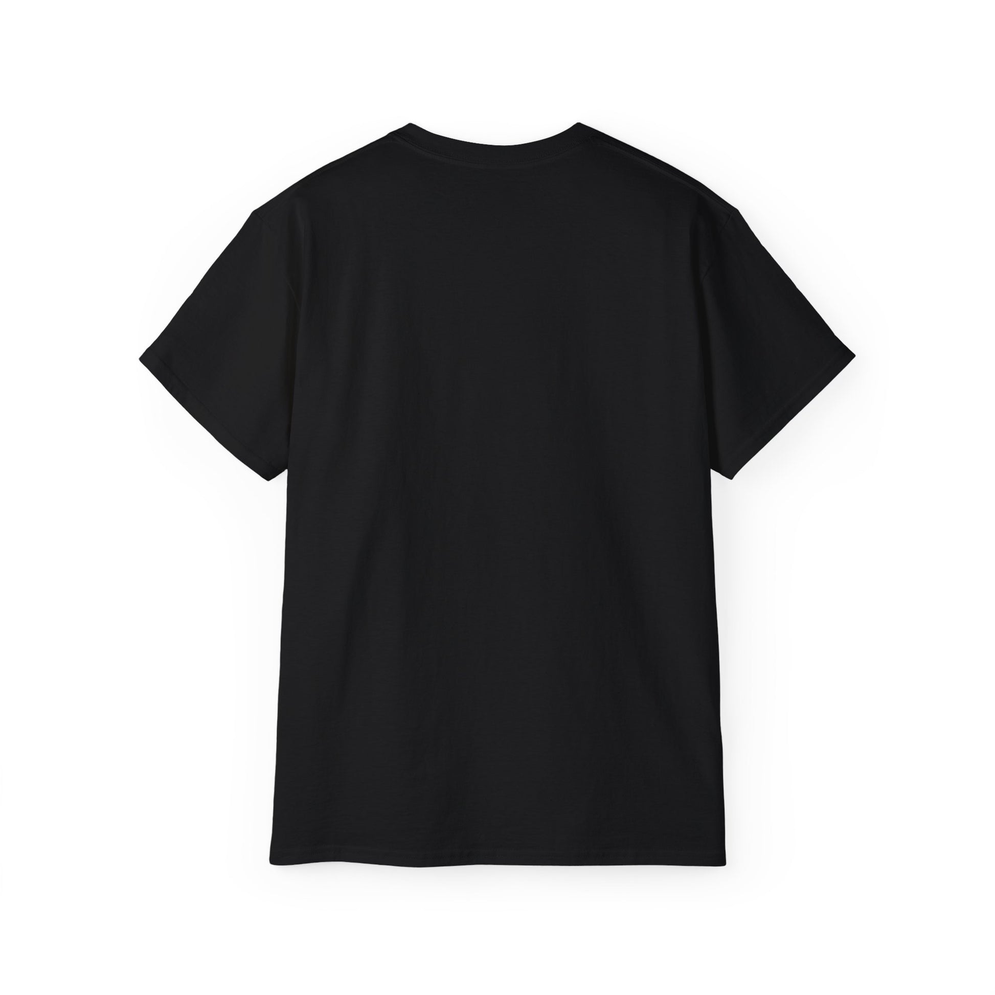 Back of black ultra cotton t-shirt showing relaxed unisex fit and shoulder seam detailing
