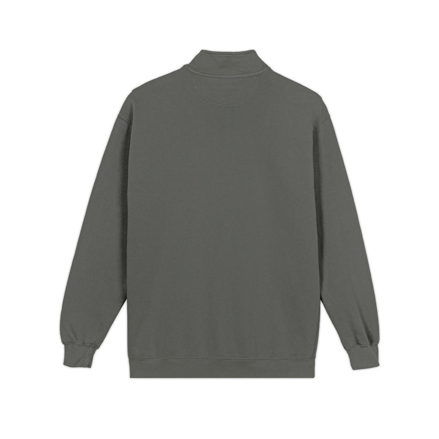 Back view flat lay of the RAVEDRIP heavyweight quarter-zip sweatshirt in pepper charcoal, showcasing the premium 9.5 oz fabric texture and clean structural shoulder seams on a white background.