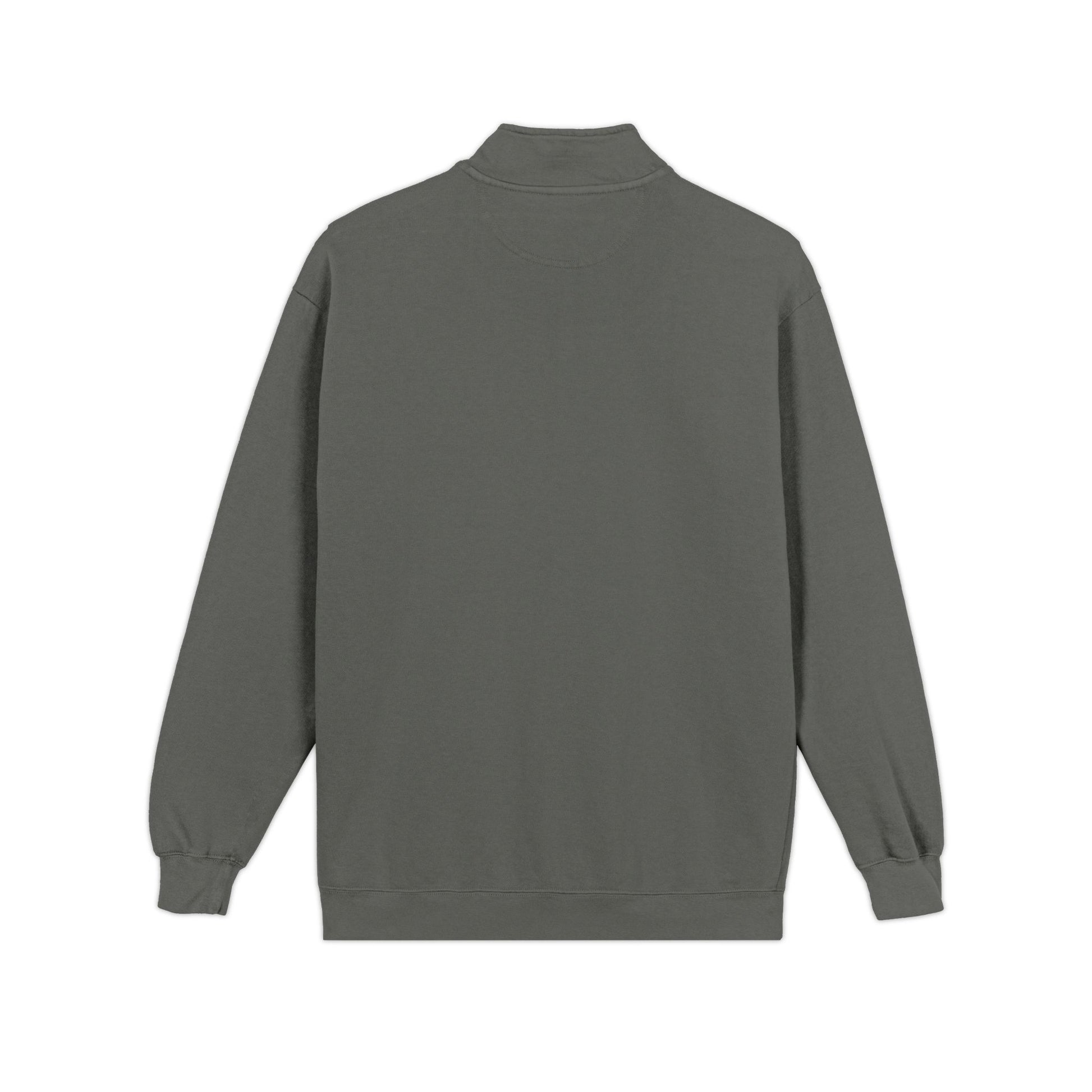 Back view flat lay of the RAVEDRIP heavyweight quarter-zip sweatshirt in pepper charcoal, showcasing the premium 9.5 oz fabric texture and clean structural shoulder seams on a white background.