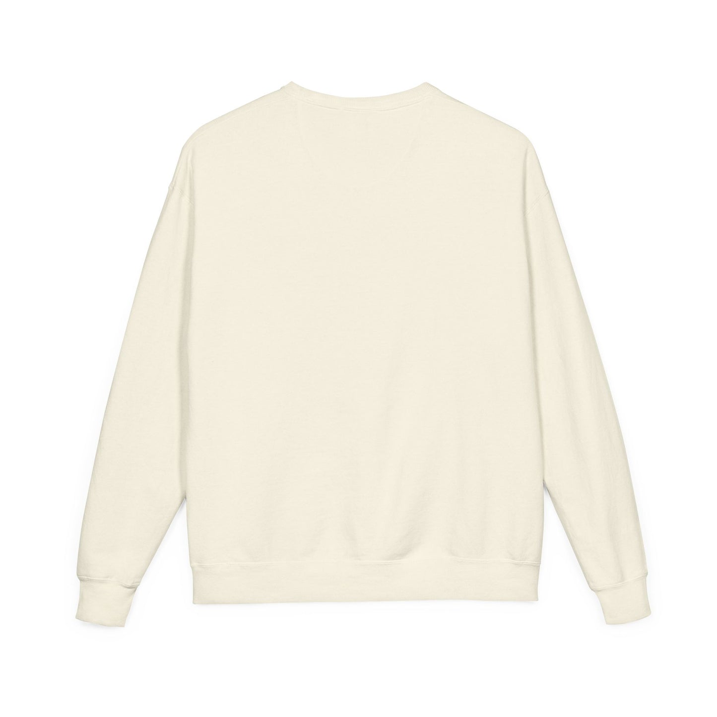 Back view flat lay of the RAVEDRIP vintage cream crewneck sweatshirt highlighting the premium midweight fleece texture and ribbed cuffs on a solid white background.