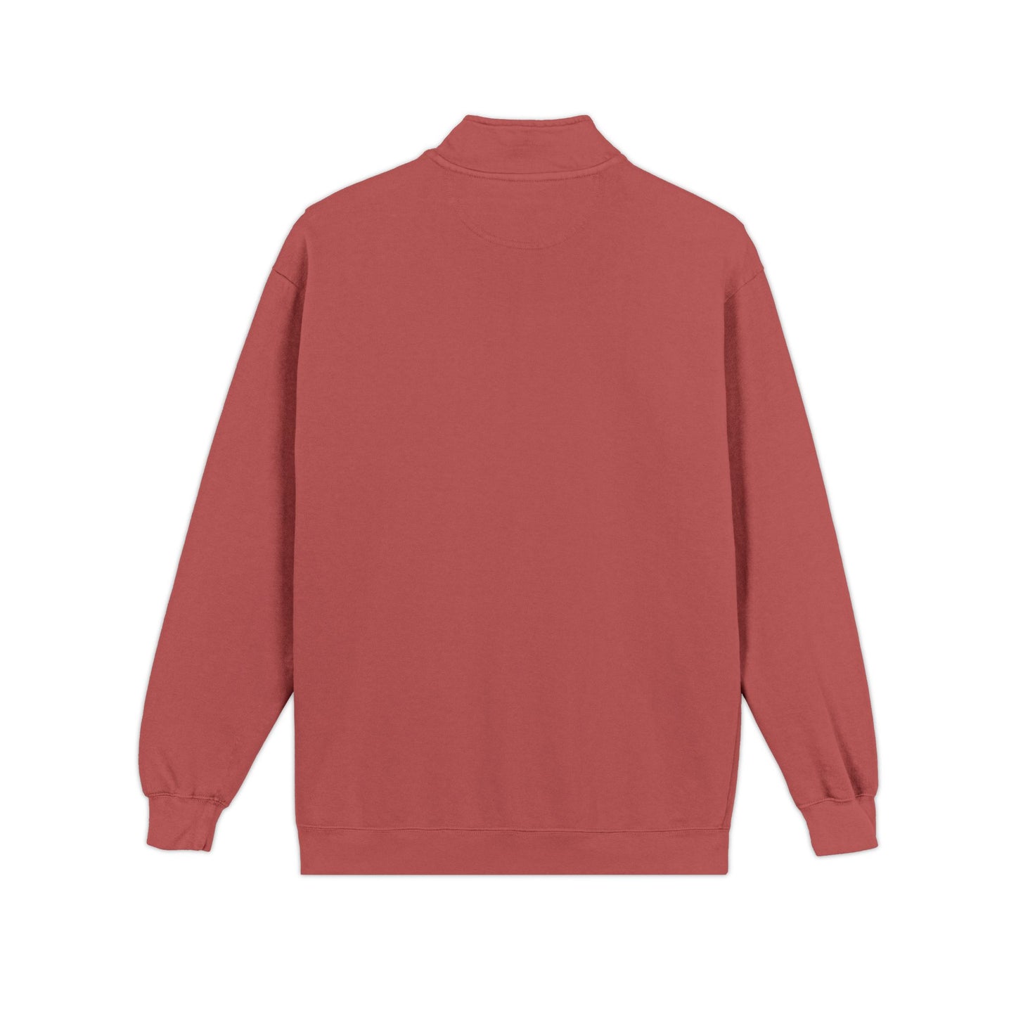Back view flat lay of the RAVEDRIP vintage wash crimson quarter-zip sweatshirt showing clean seams and dropped shoulders.