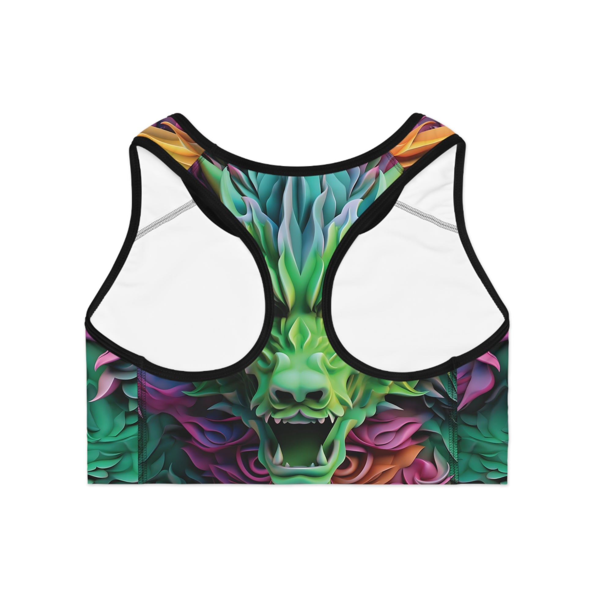 Back view of 3D green dragon print sports bra showing racerback design and moisture-wicking performance fabric
