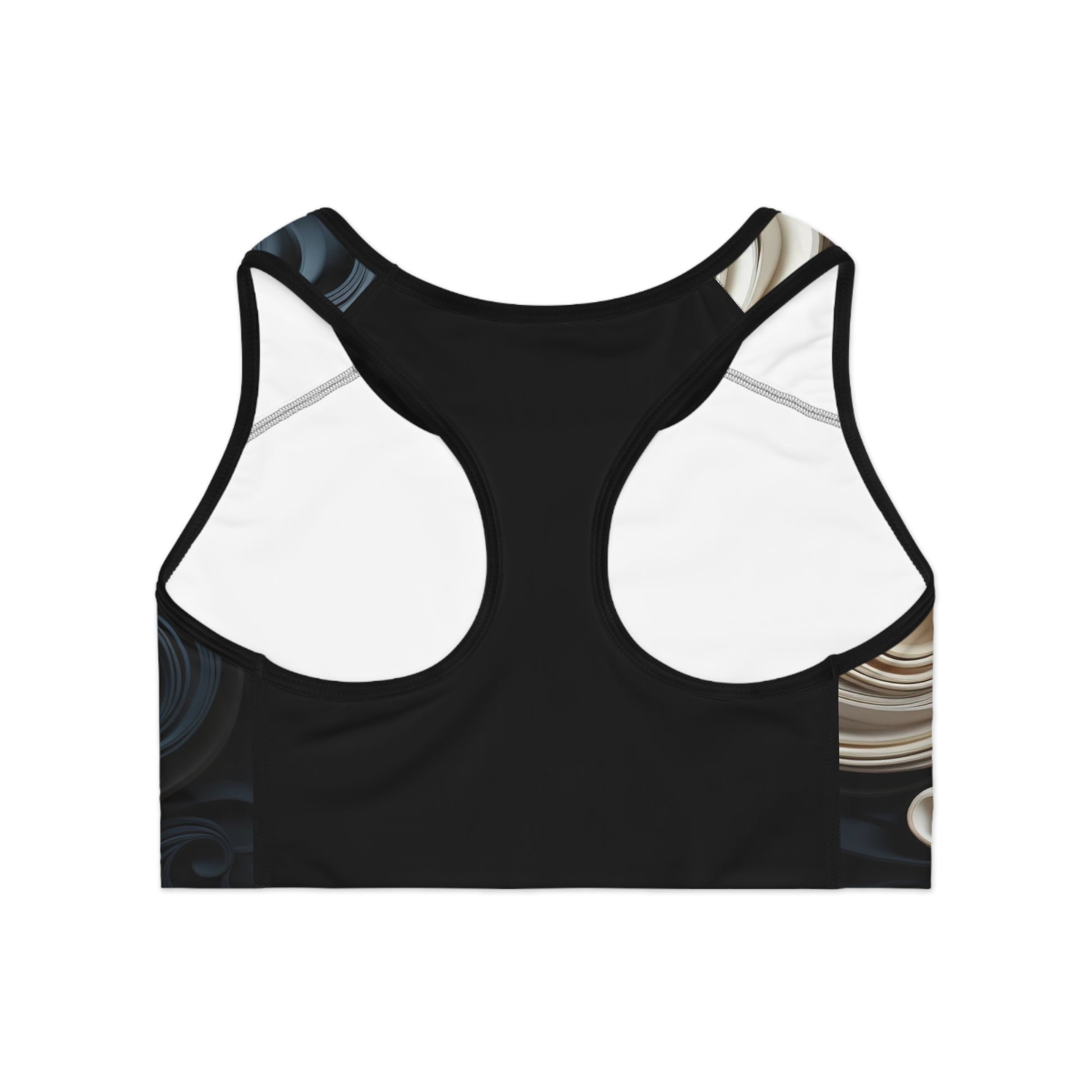 Back view of Achromatic Flow sports bra showing racerback design and monochrome print for stylish activewear