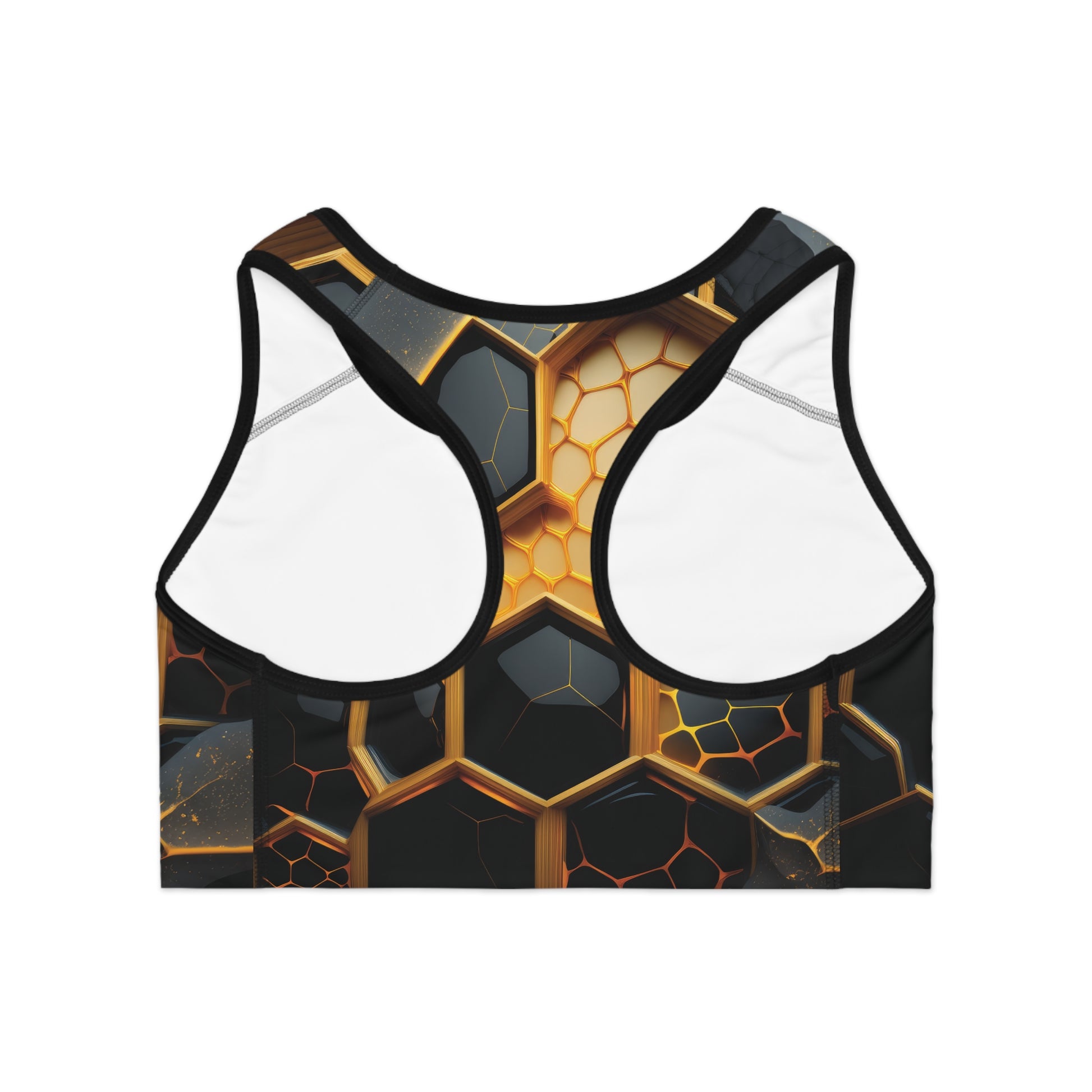 Back view of black and gold honeycomb print sports bra showing racerback design and performance fabric construction