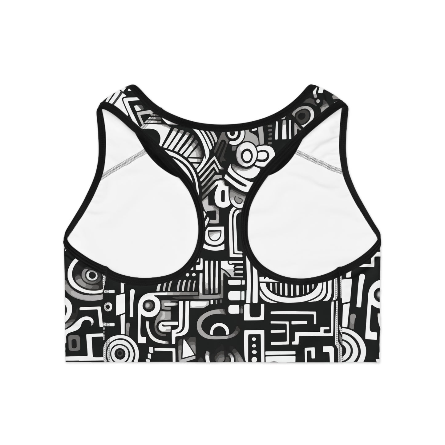 Back view of black and white doodle print sports bra showing racerback style and breathable fabric