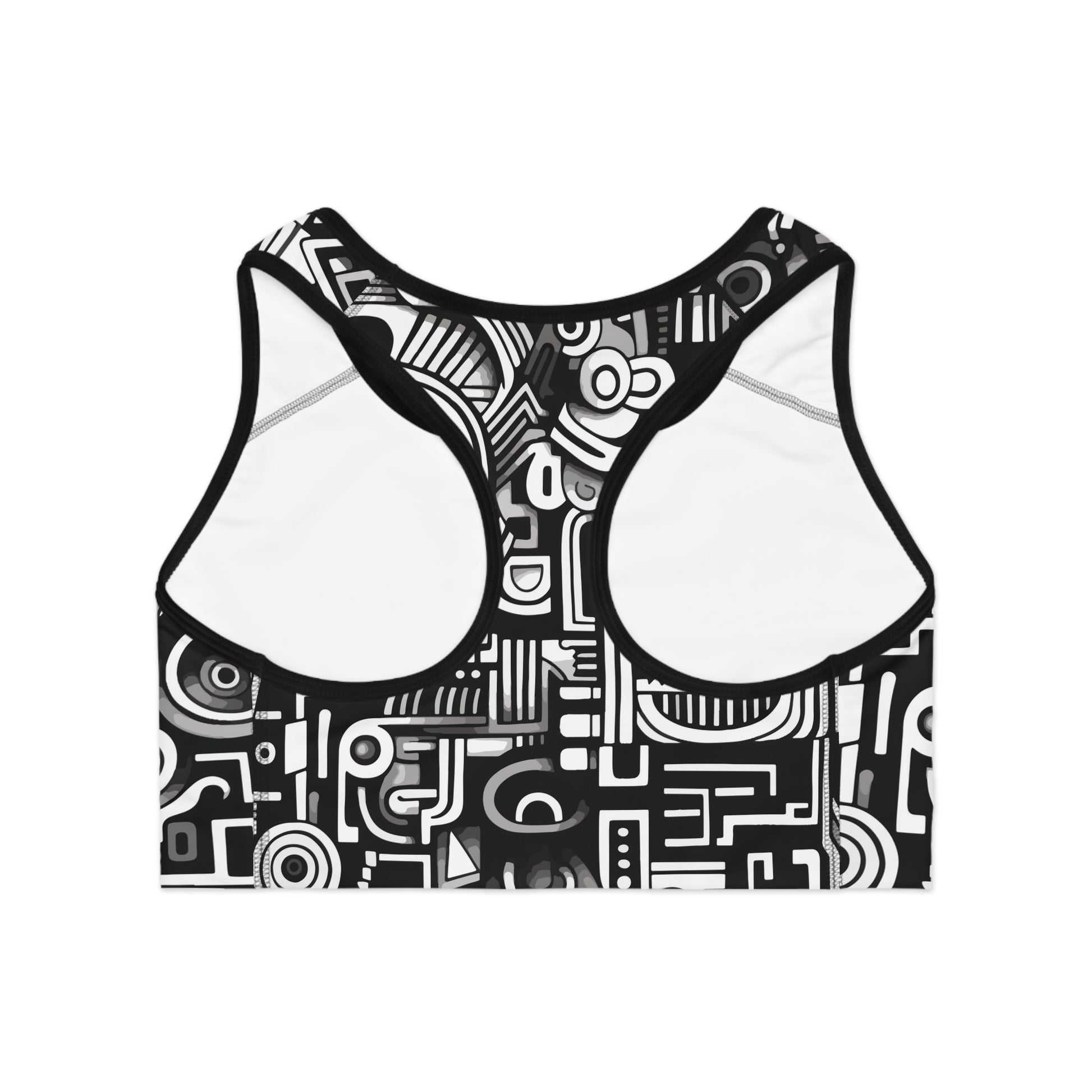 Back view of black and white doodle print sports bra showing racerback style and breathable fabric
