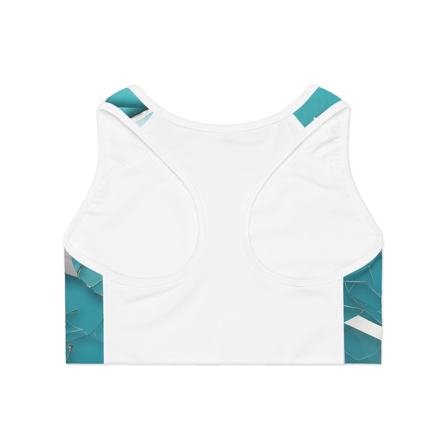 Back view of blue broken glass print sports bra showing racerback cut and moisture-wicking performance material
