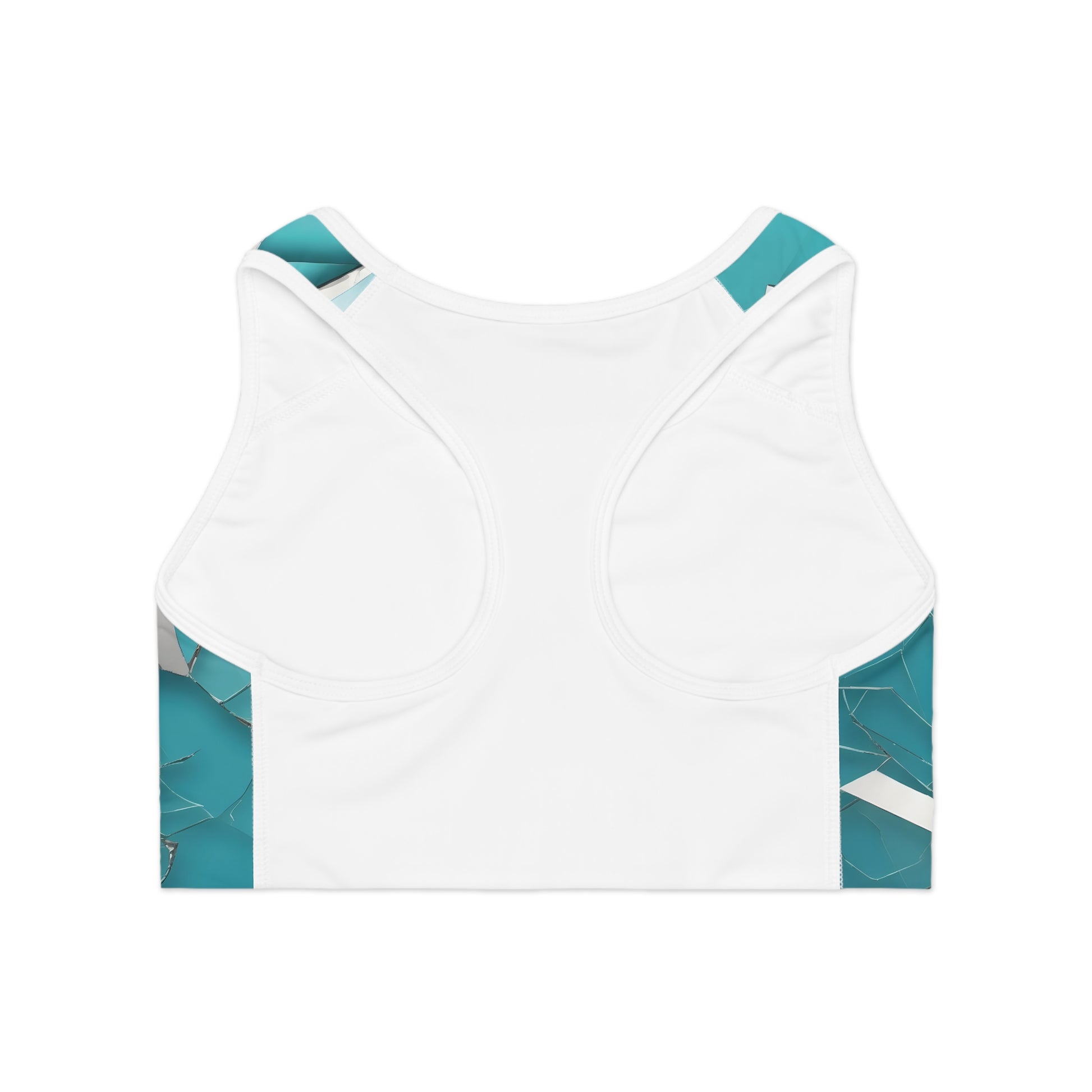 Back view of blue broken glass print sports bra showing racerback cut and moisture-wicking performance material