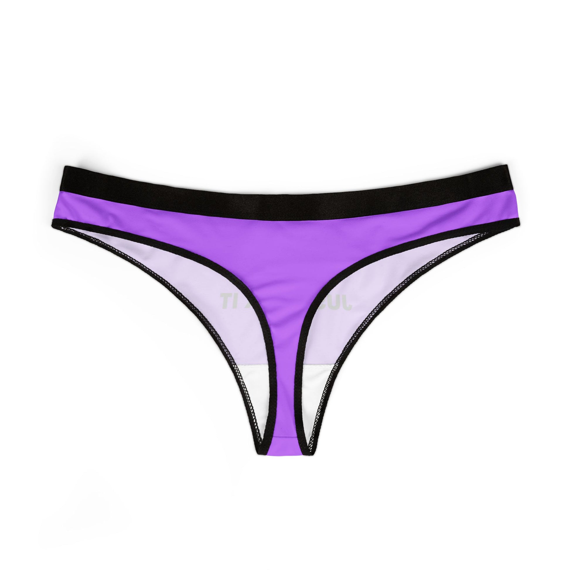 Back view of cheeky slogan thong with wide elastic waistband and bold black and white design