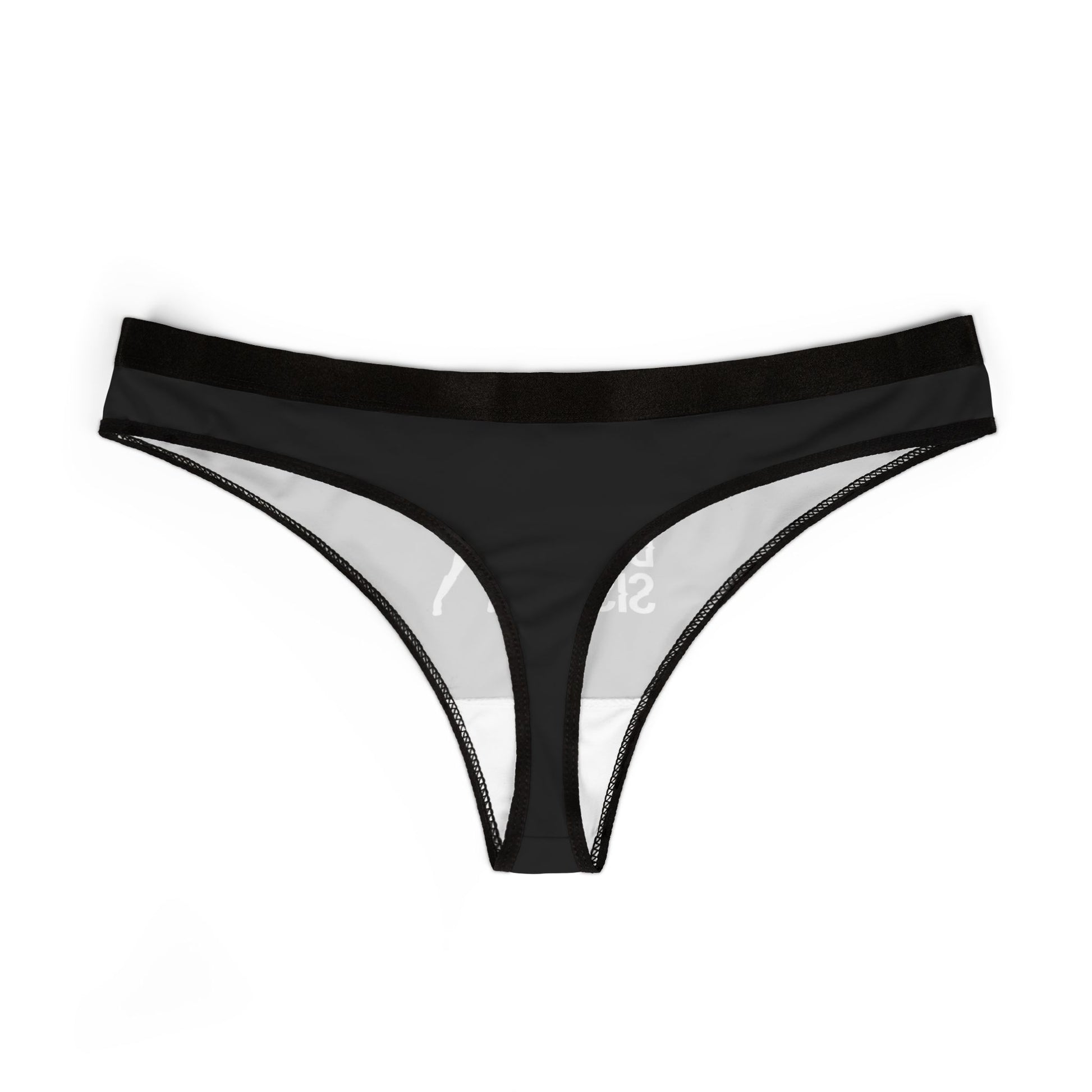 Back view of cheeky women’s thong with wide waistband and bold slogan design
