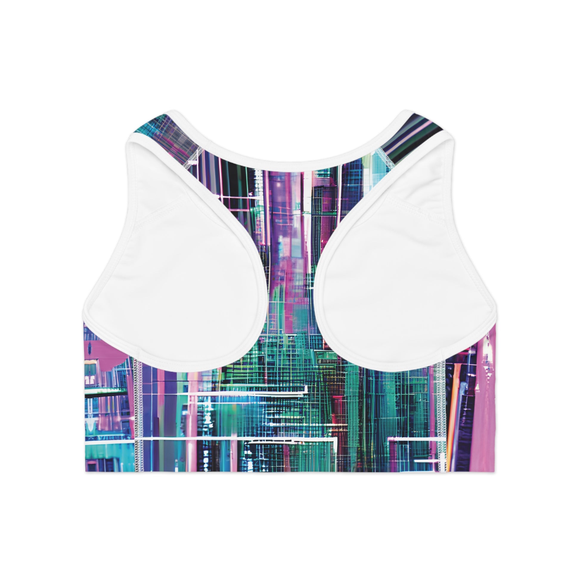 Back view of colorful futuristic print sports bra showing racerback design and moisture-wicking performance fabric
