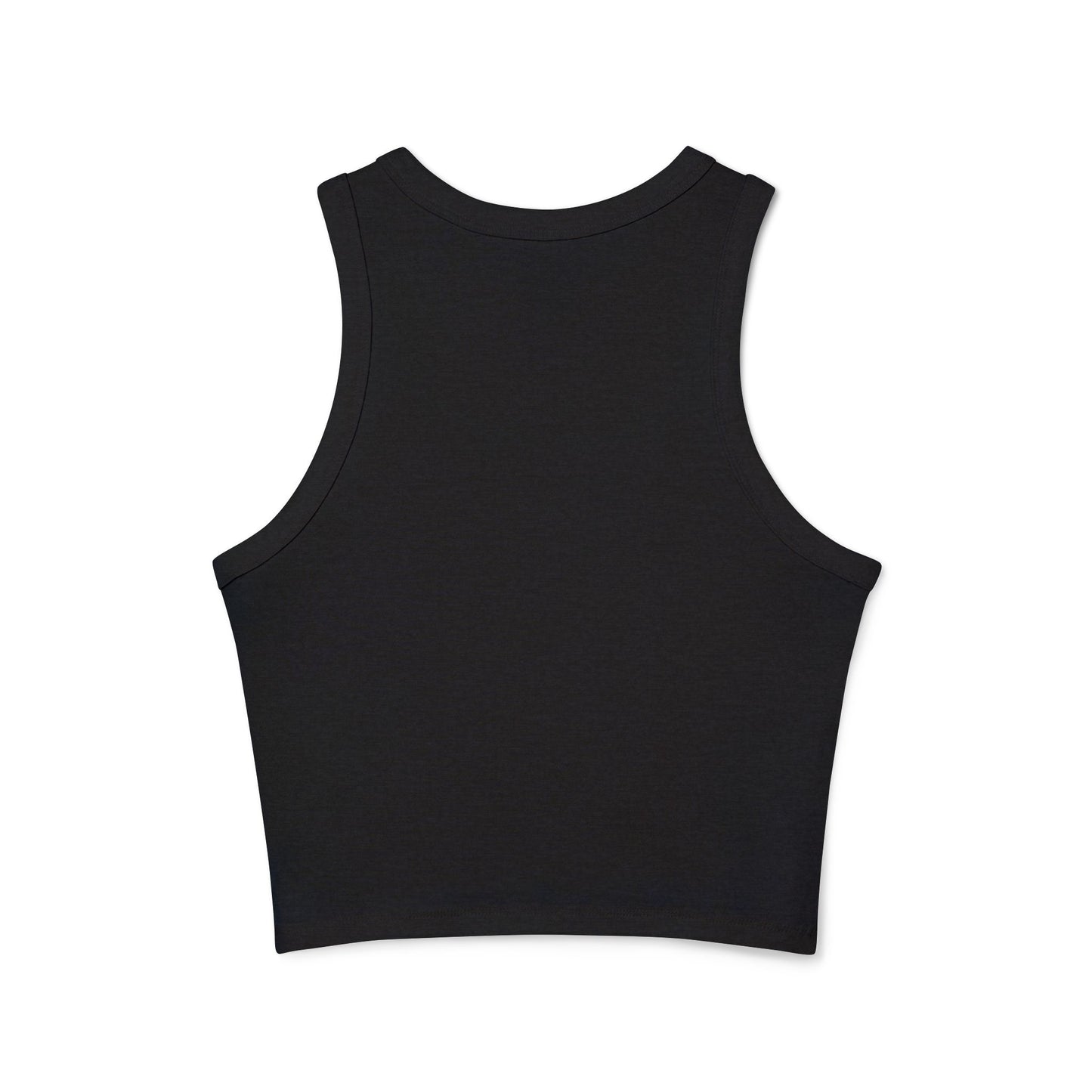 Back view of fitted racerback crop top showing ribbed texture and mid-length cut