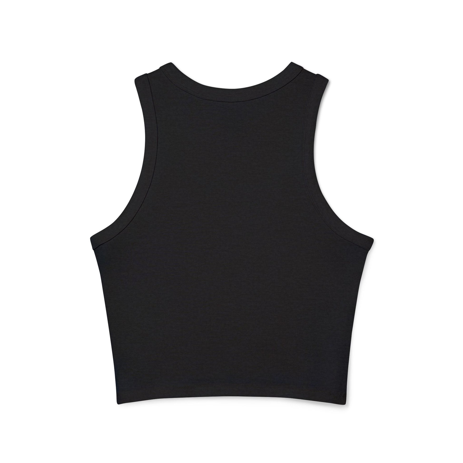 Back view of fitted racerback crop top showing ribbed texture and mid-length cut