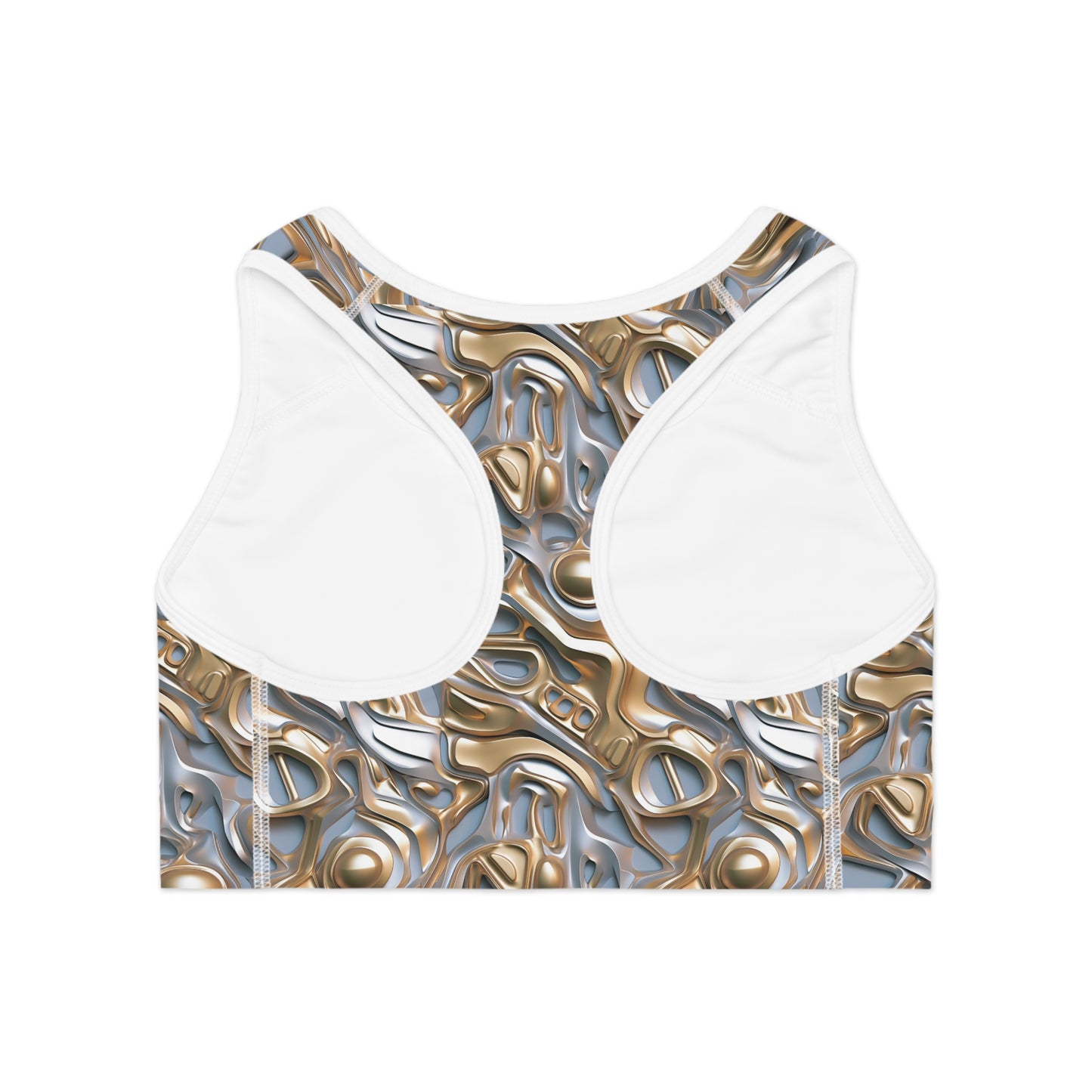 Back view of gold and silver futuristic print sports bra showing racerback style and breathable performance fabric