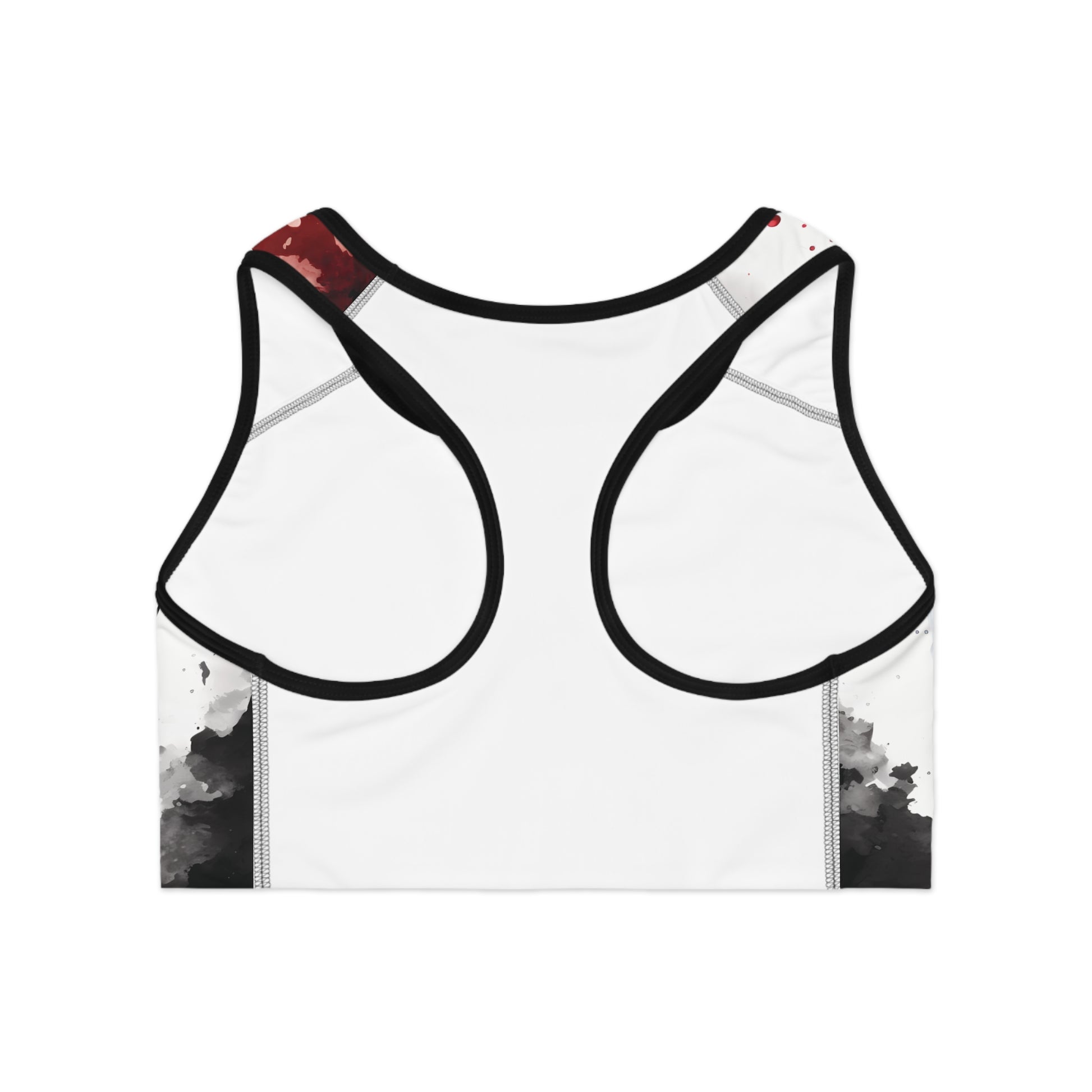 Back view of koi fish pattern sports bra showing racerback cut and moisture-wicking athletic fabric