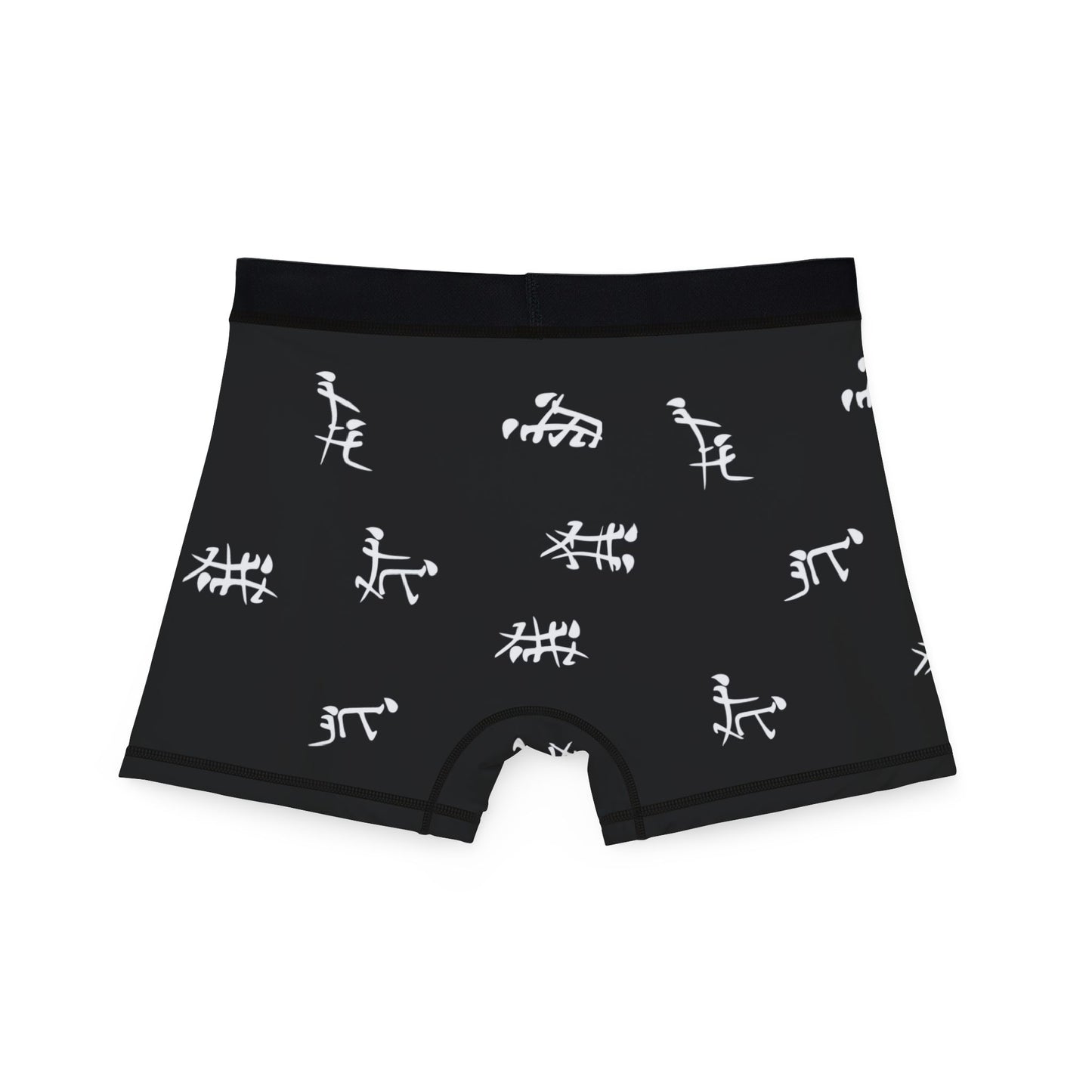 Back view of men’s novelty boxers featuring kanji-style sex positions pattern and breathable stretch fabric