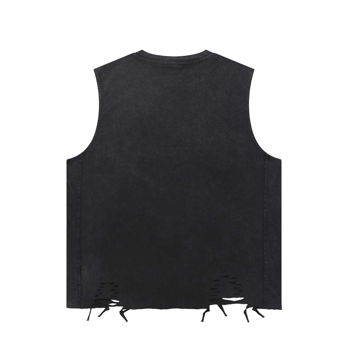 Back view of the RAVEDRIP snow-washed raw-hem tank top, highlighting its washed texture and raw-edge detailing.