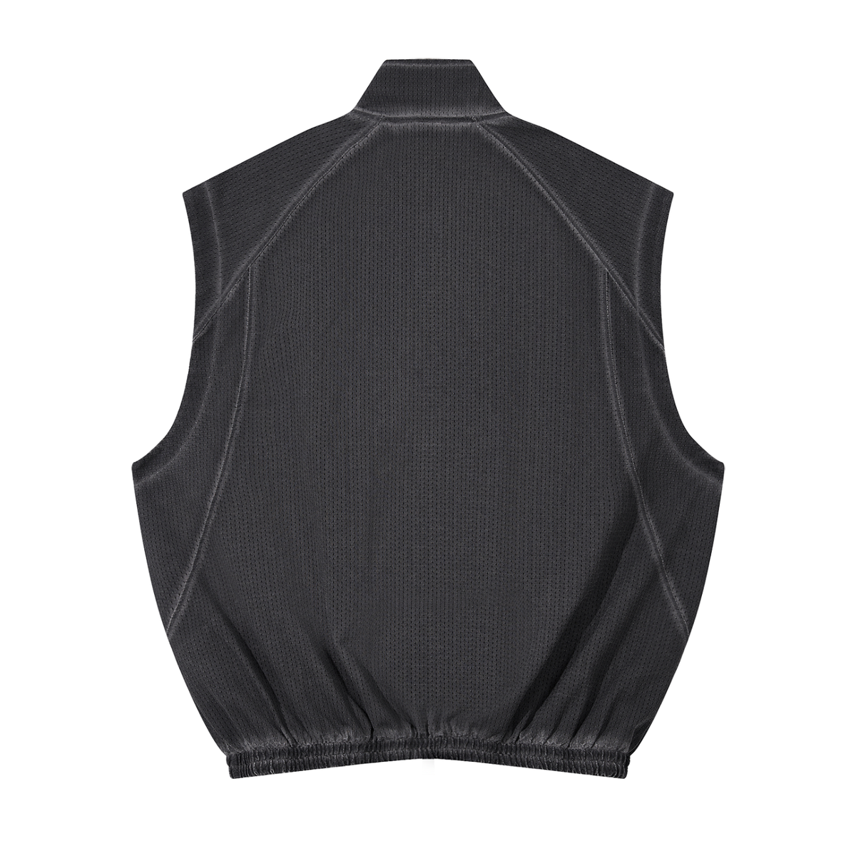 Back view of the RAVEDRIP unisex vintage wash mesh full-zip vest, highlighting its relaxed boxy shape and washed texture.