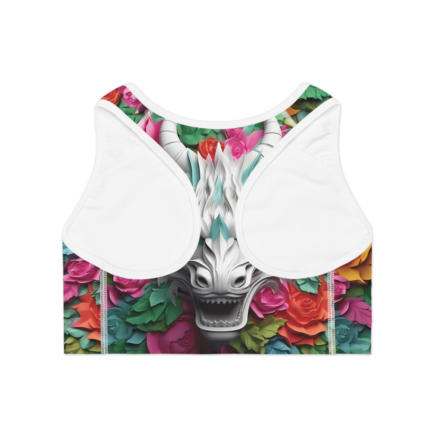 Back view of white dragon sports bra showing racerback cut and sweat-wicking performance fabric

