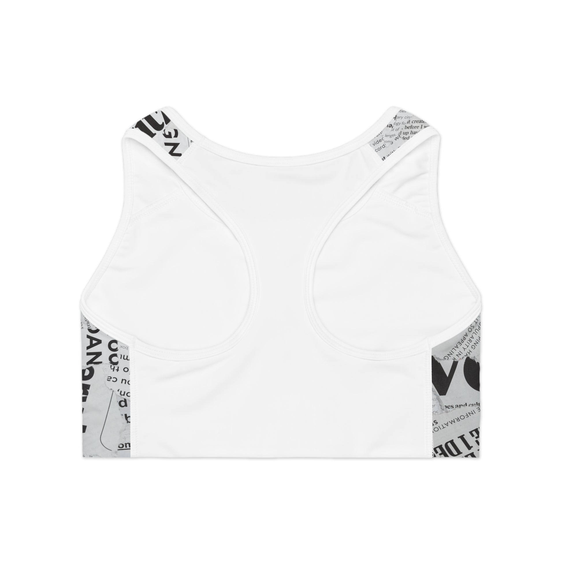Back view of white magazine print sports bra with racerback design and breathable moisture-wicking fabric