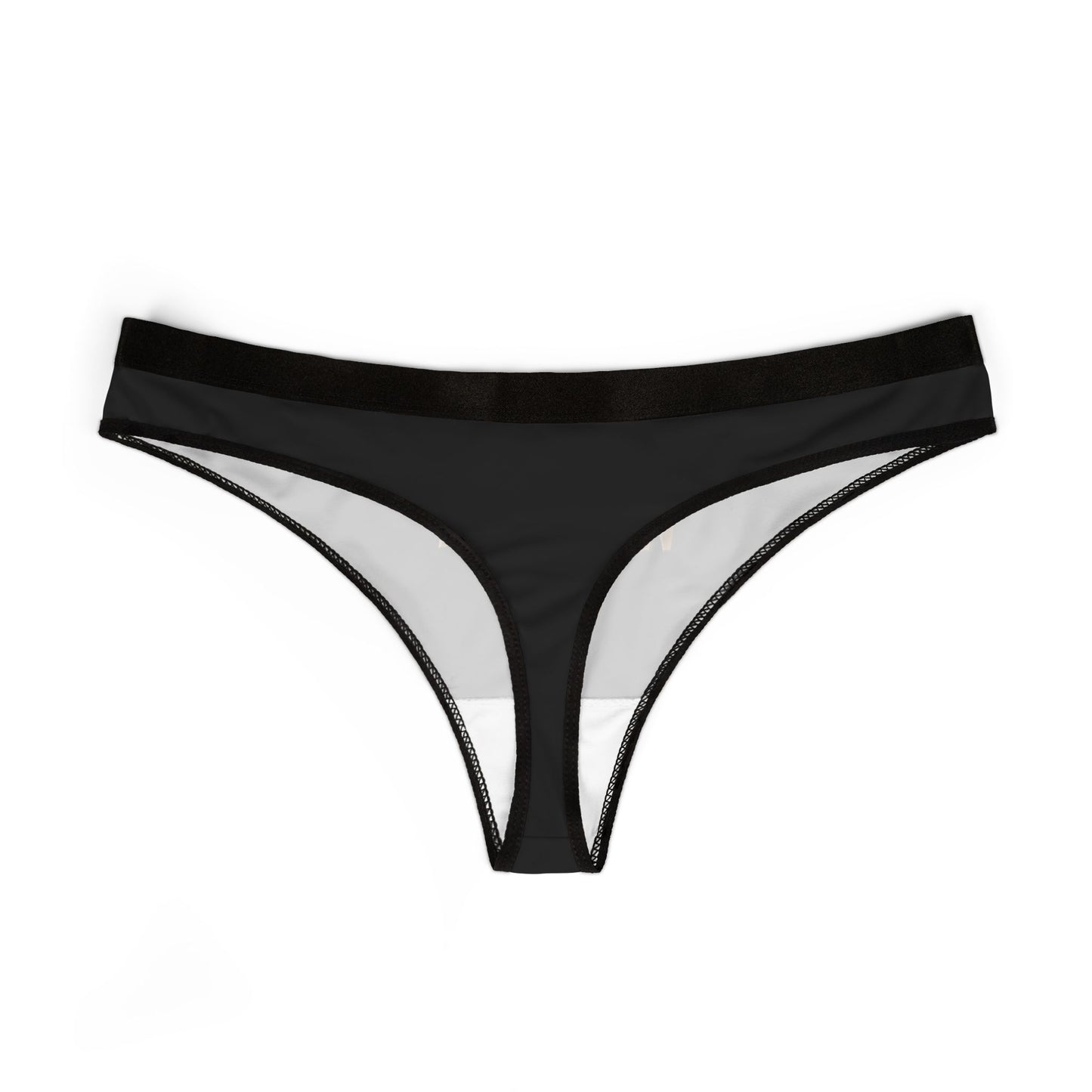 Back view of women’s thong with “Worship Me” slogan, wide waistband, and breathable stretch fit
