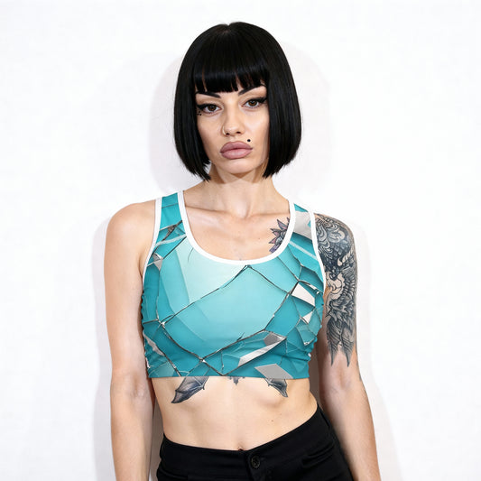 Blue Broken Glass Sports Bra – Shatter the Ordinary, Wear the Power