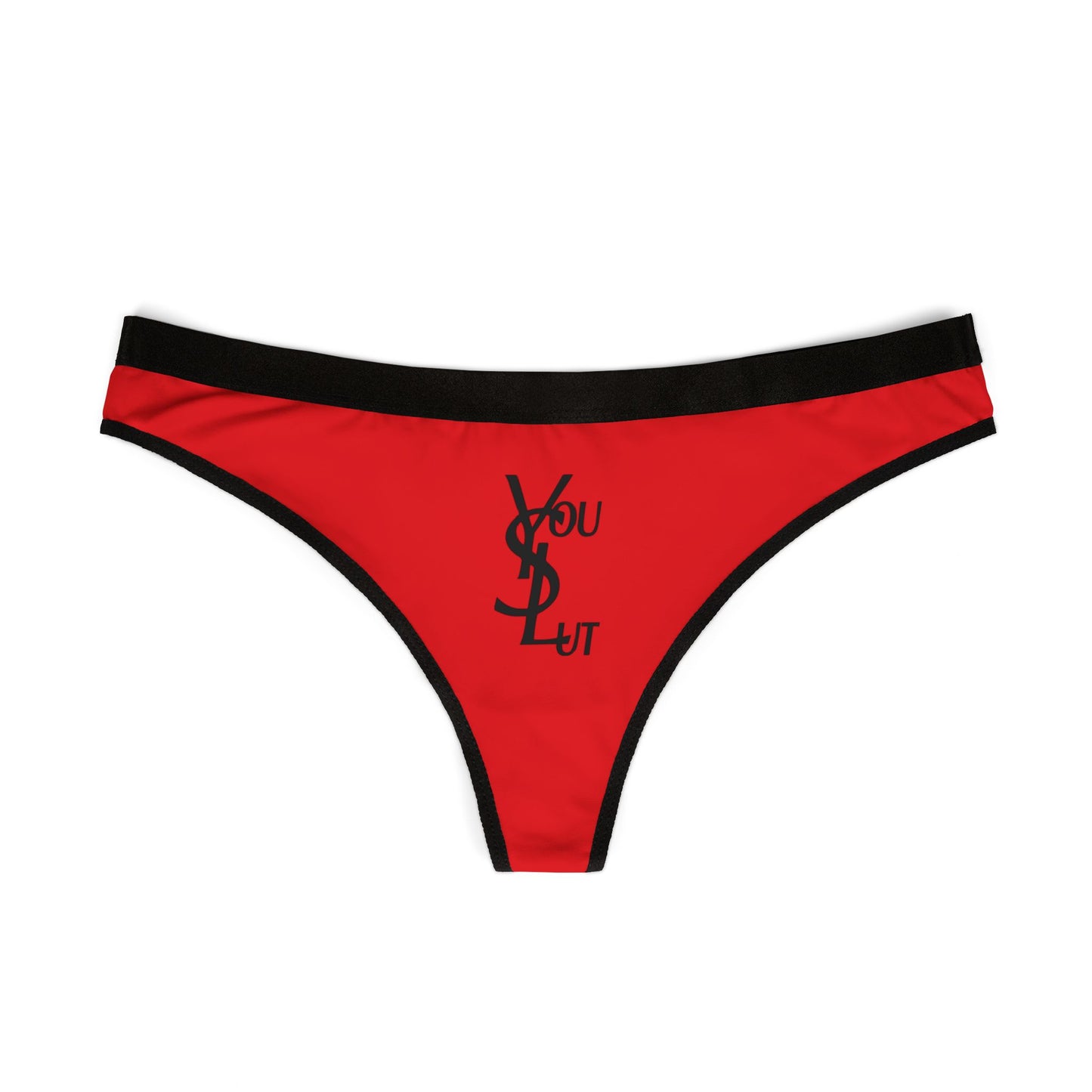 Bold Red Women's Thongs with 'You Slut' Graphic - Comfortable Lingerie with Red and Black Design