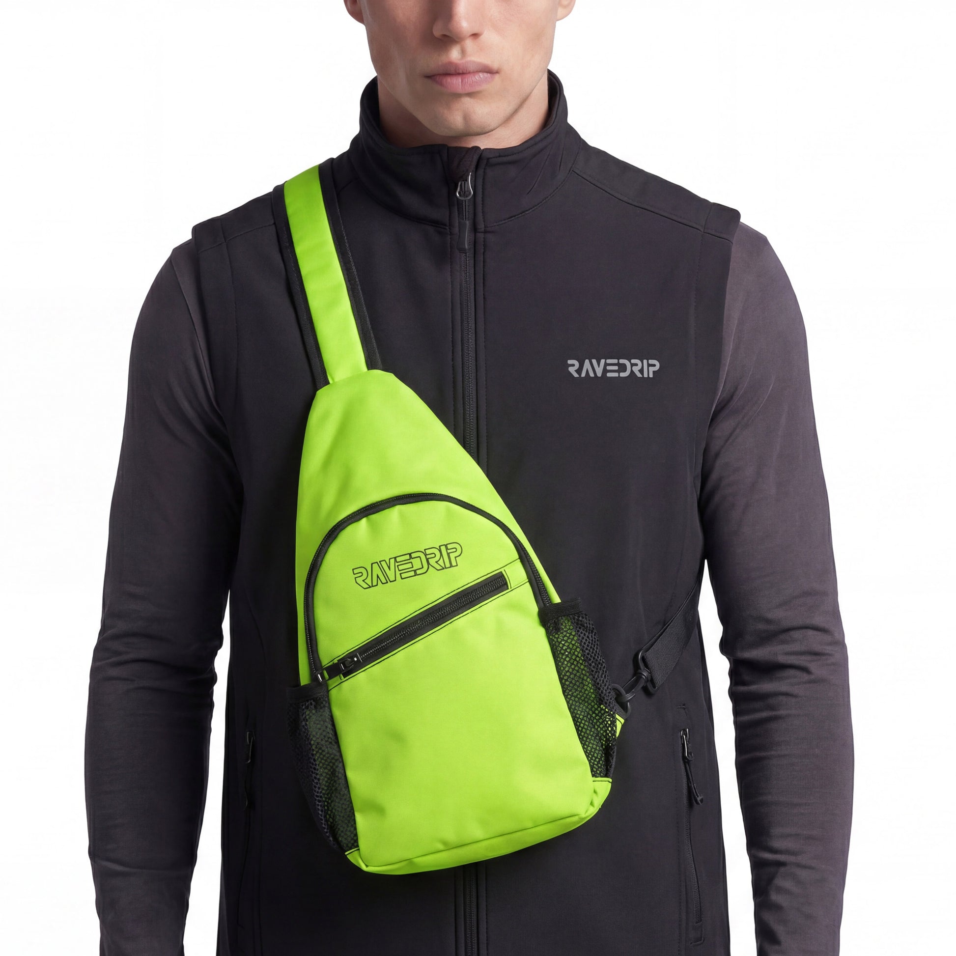 Close-up cropped studio shot of a RAVEDRIP neon green canvas sling chest bag with its distinct vertical teardrop shape and black zipper. The bag features the RAVEDRIP black logo, worn front-facing over a black tactical utility vest and dark grey long-sleeve shirt. Premium e-commerce techwear product photography.
