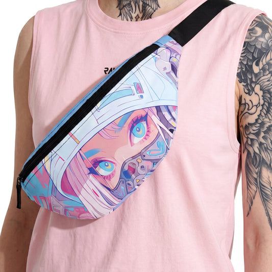 Close-up cropped studio shot of a RAVEDRIP streetwear crescent fanny pack bag with a vibrant anime graphic print of a cyberpunk girl with blue eyes and pink hair. The bag is slung crossbody over a pastel pink sleeveless tank top. Premium e-commerce product photography.