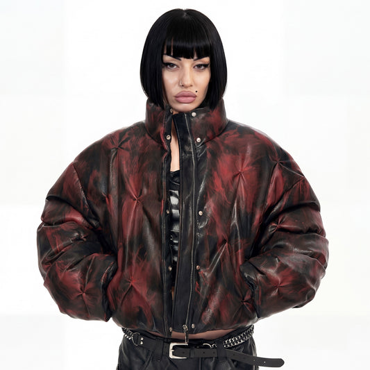 Crimson Core dark red distressed vegan leather puffer jacket front view