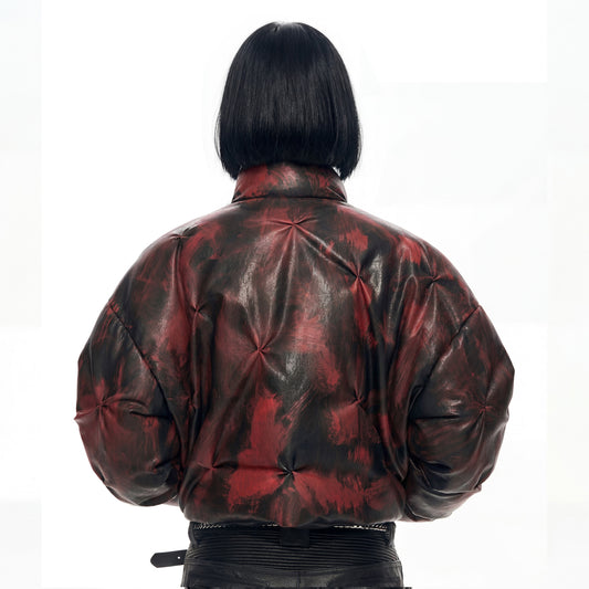 Crimson Core vegan leather puffer jacket back view