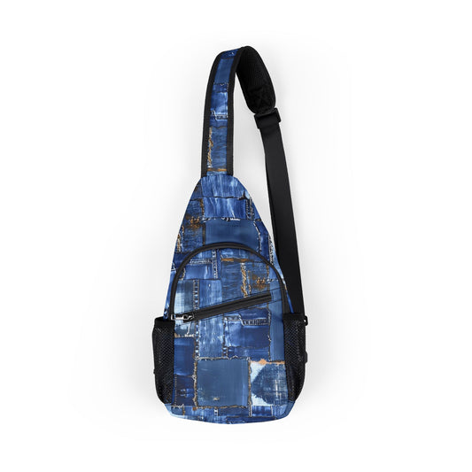 Denim chest bag with adjustable strap and multiple pockets