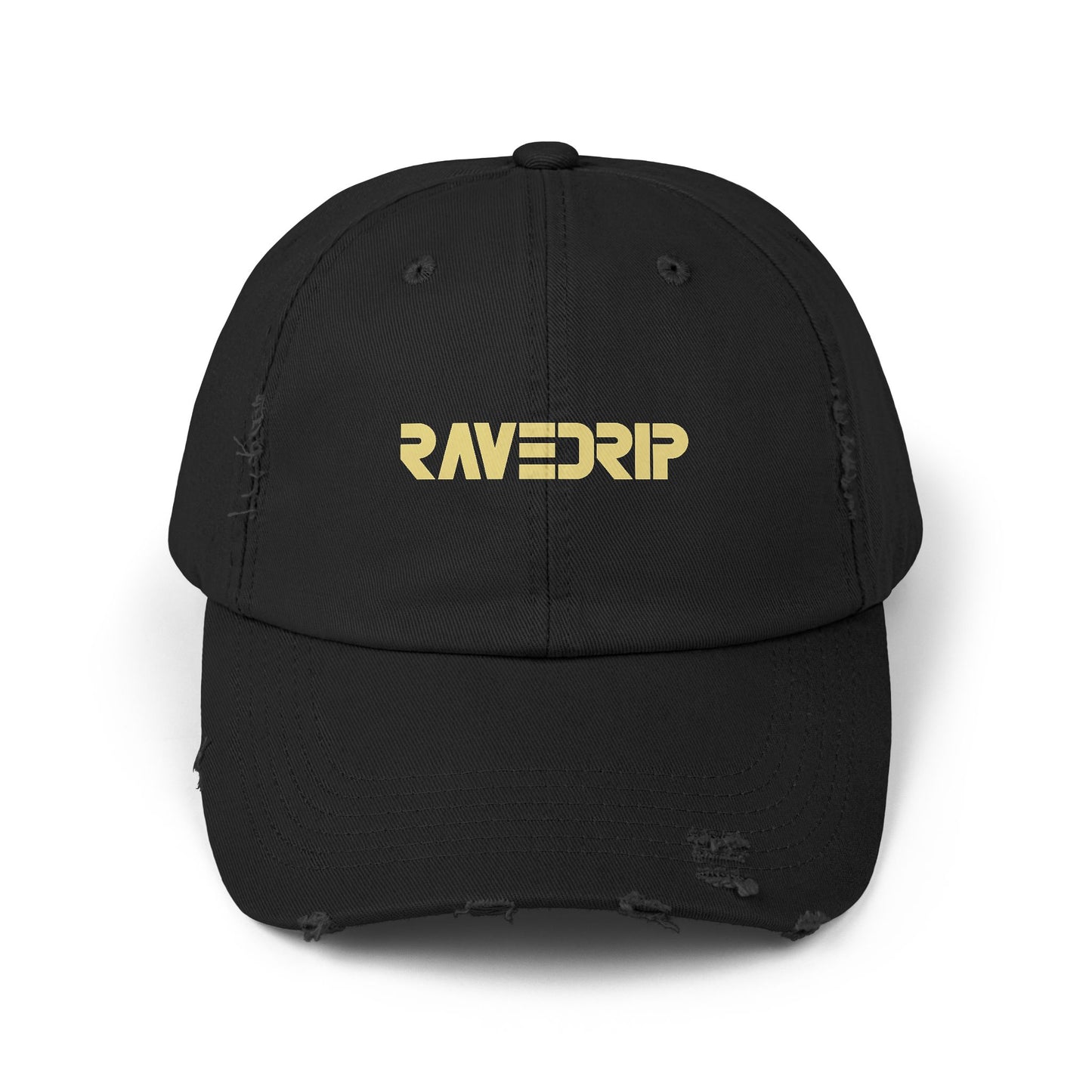 Distressed black cap with RAVEDRIP logo