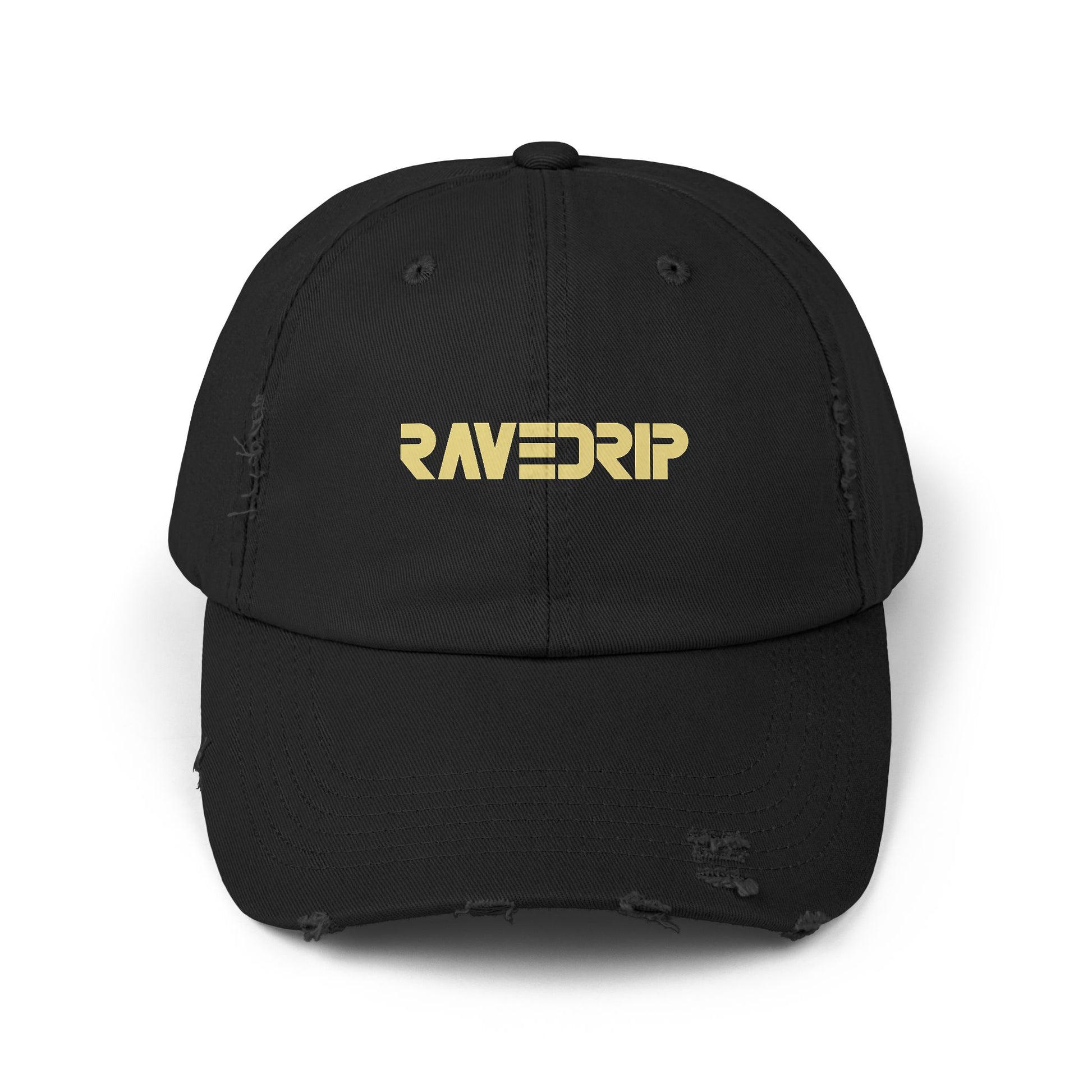 Distressed black cap with RAVEDRIP logo