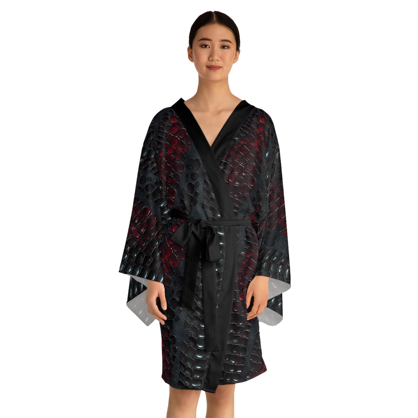 Elegant Snake-Print Long Sleeve Kimono Robe