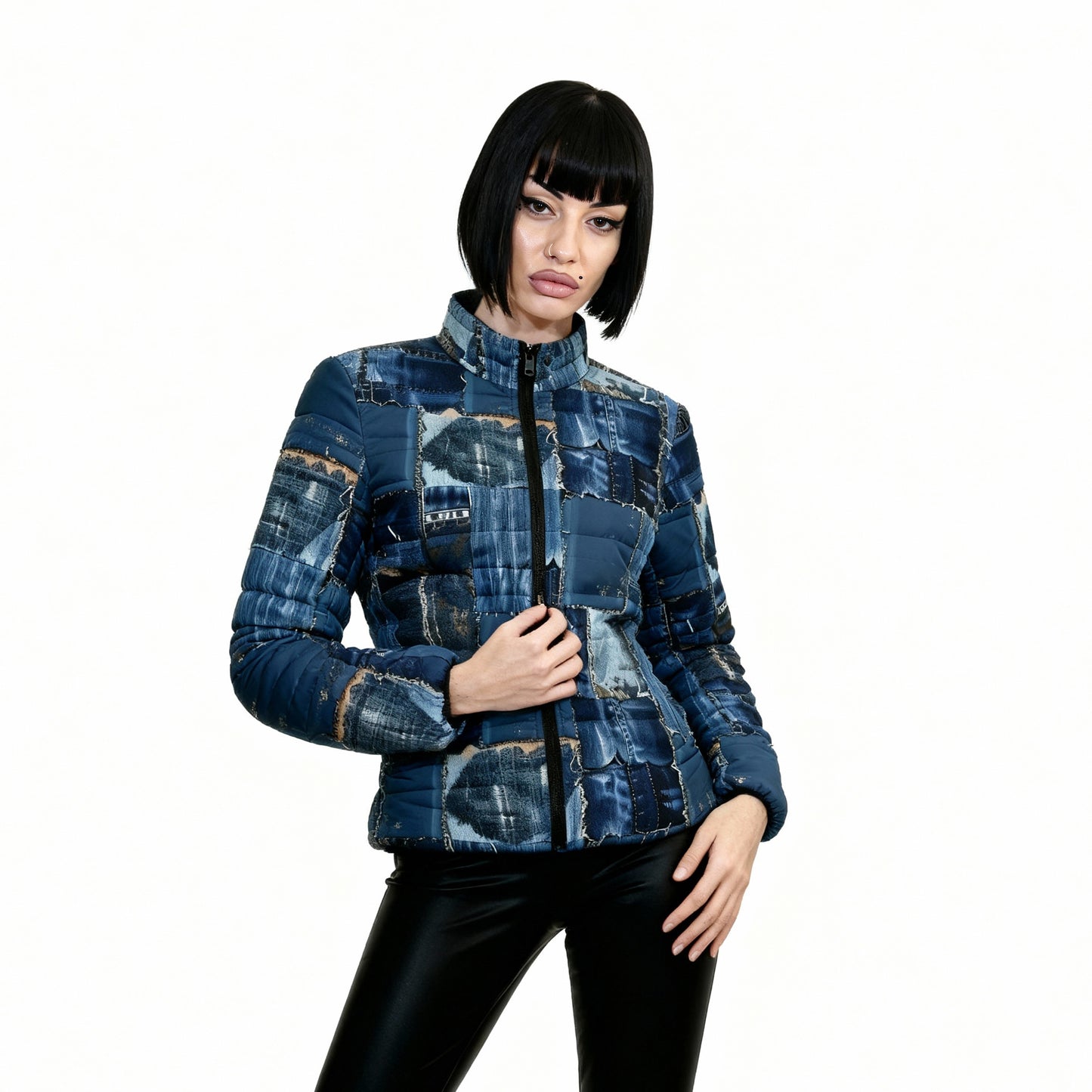 Denim Pattern Puffer Jacket for Women - Streetwear Winter Drip