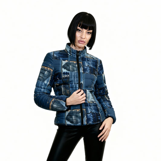 Denim Pattern Puffer Jacket for Women - Streetwear Winter Drip