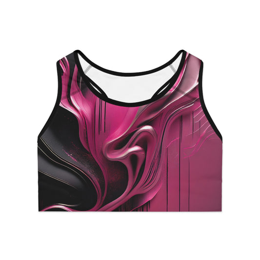 Flat front view of 3D abstract pink and black sports bra with bold all-over print and wide elastic support band