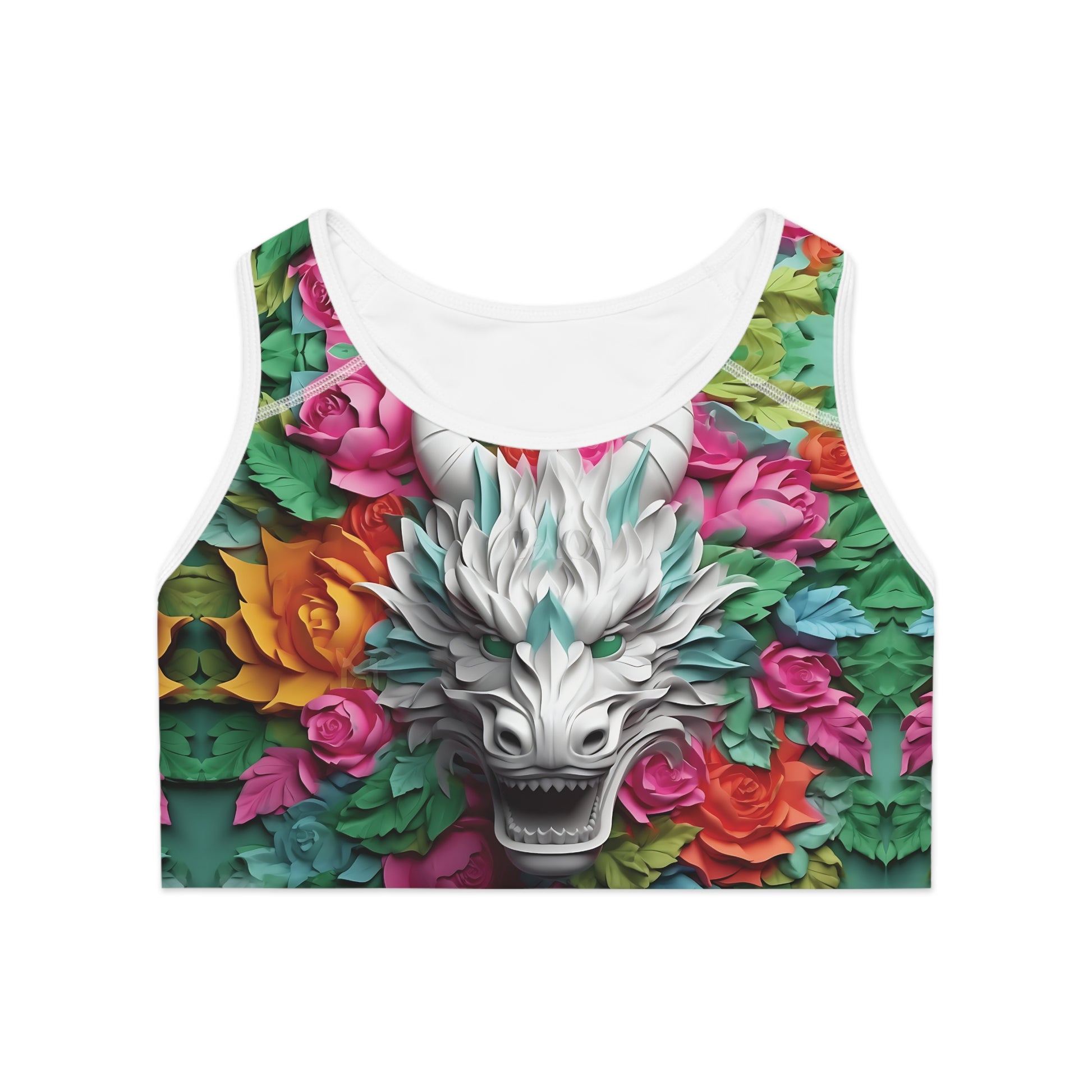 Flat front view of 3D white dragon sports bra with all-over mythic dragon print and strong compression band
