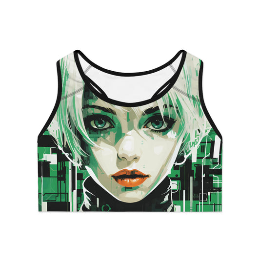 Flat front view of Emerald Futuristic Girl sports bra with bold green all-over graphic and compression band
