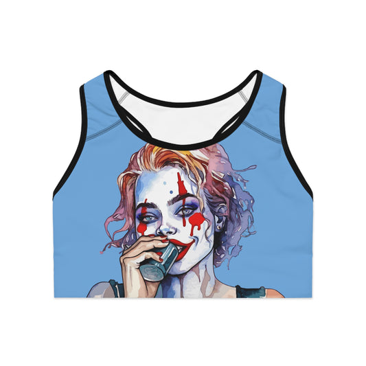 Flat front view of Watercolor Joker Girl sports bra with moody all-over art print and wide compression band
