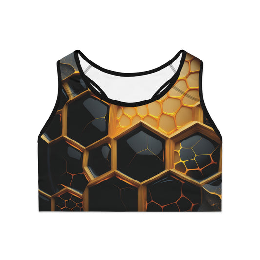 Flat front view of black and gold honeycomb sports bra with geometric pattern and wide compression band