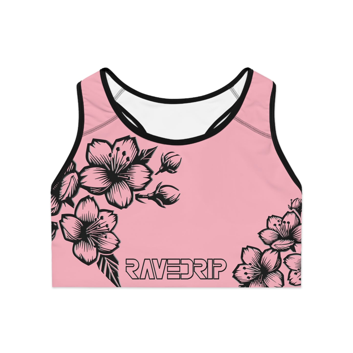 Flat front view of cherry blossom sports bra with all-over floral print and wide elastic band – elegant and supportive athletic wear