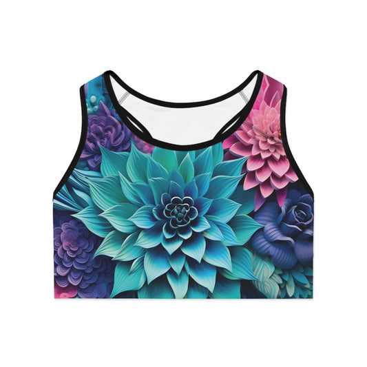 Flat front view of lotus flower sports bra with elegant floral print and wide compression band