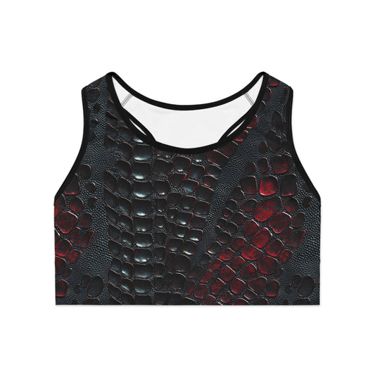 Flat front view of snake pattern sports bra in black and red with bold all-over print and wide compression band