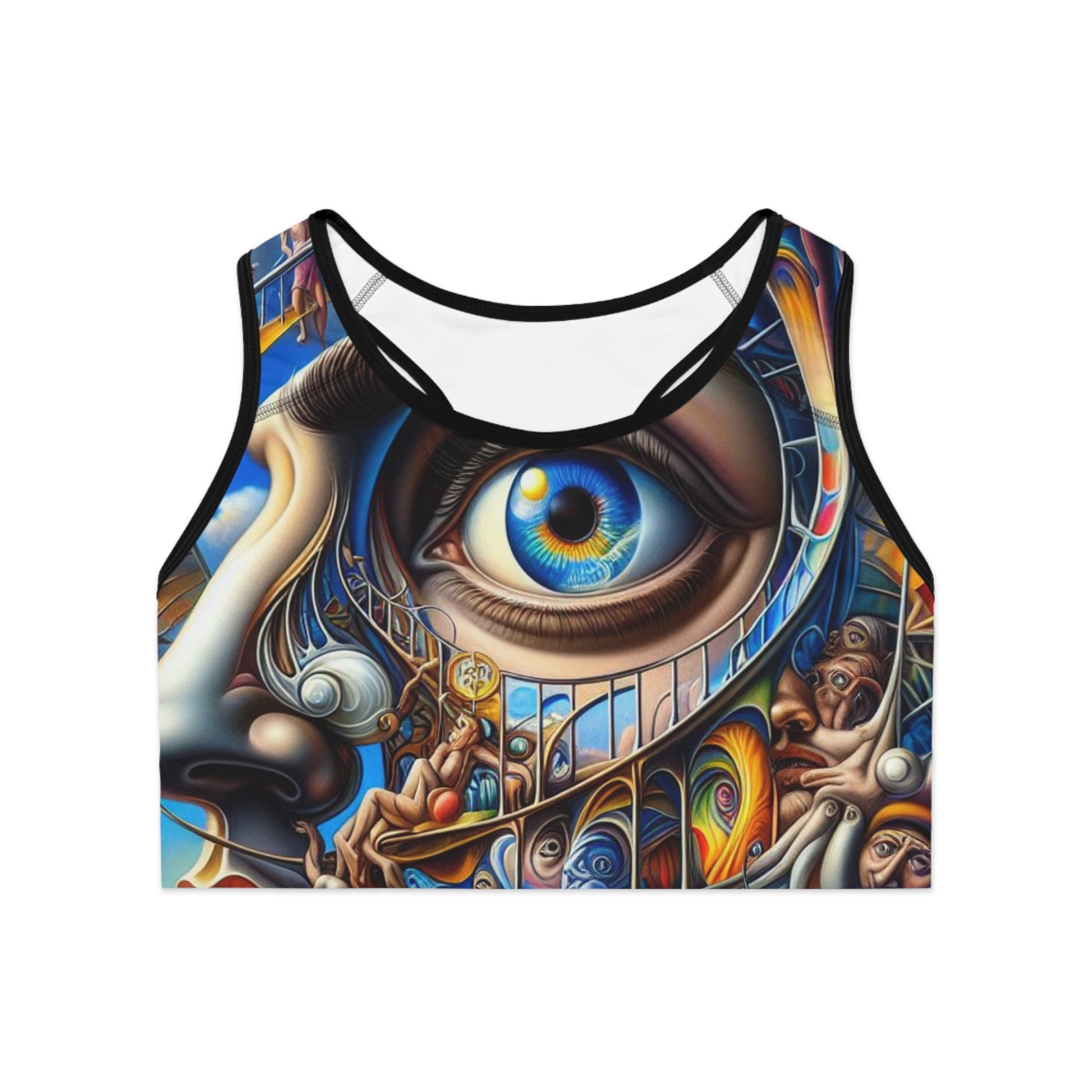 Flat front view of vibrant surreal artistic sports bra with colorful all-over abstract print and supportive wide band