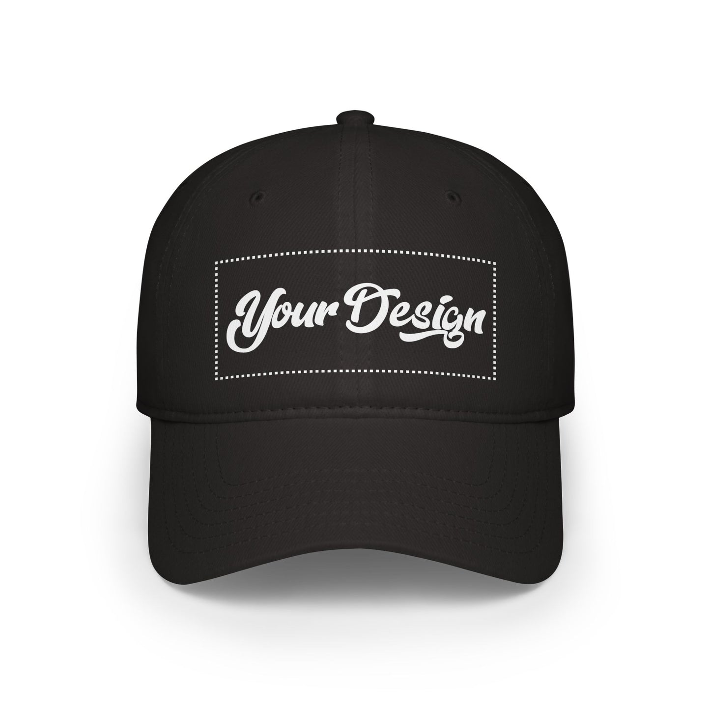 Flat lay of black unstructured cotton cap with custom front print space labeled "Your Design Here."

