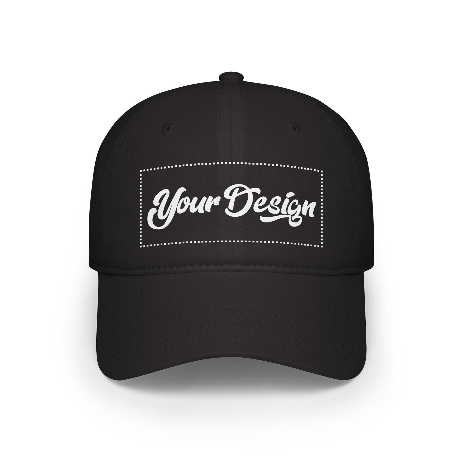 Flat lay of black unstructured cotton cap with custom front print space labeled "Your Design Here."

